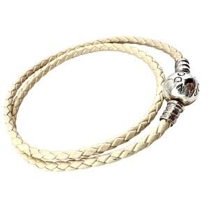 Pandora 925 Sterling Silver Cream Braided Leather Wrap Charm 13” Bracelet